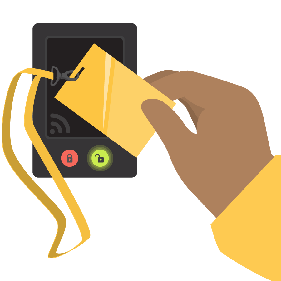 Illustration of a hand holding their access card to a reader, gaining entry through a door.