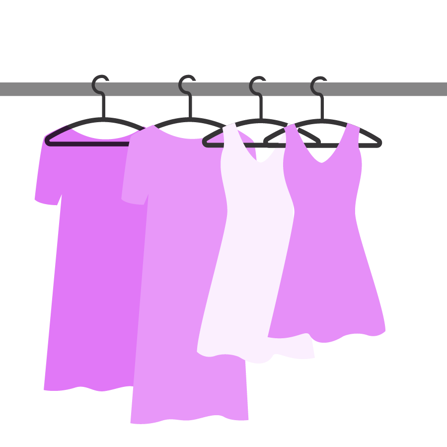 Illustration of dresses hung on a clothing rack.